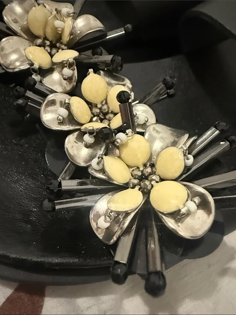 French Connection Black Slide Sandals with Yellow Floral Bead Accents